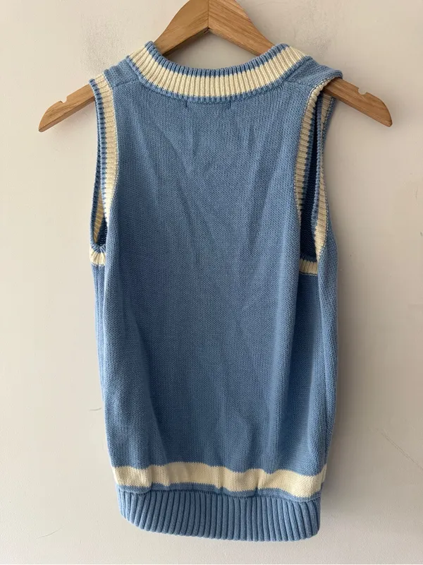 Brandy Melville Blue and White Varsity‎ Stripe Knit Sweater Vest - Image 3