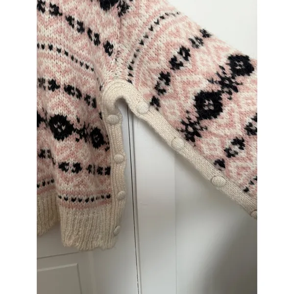 Zara Oversized Fair Isle Knit Sweater Pink Cream Side Button M-L NWT - Image 7