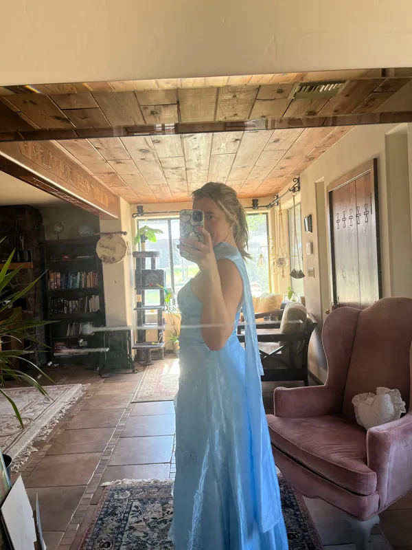 90s Baby Blue Formal Dress with Matching Scarf - Image 4