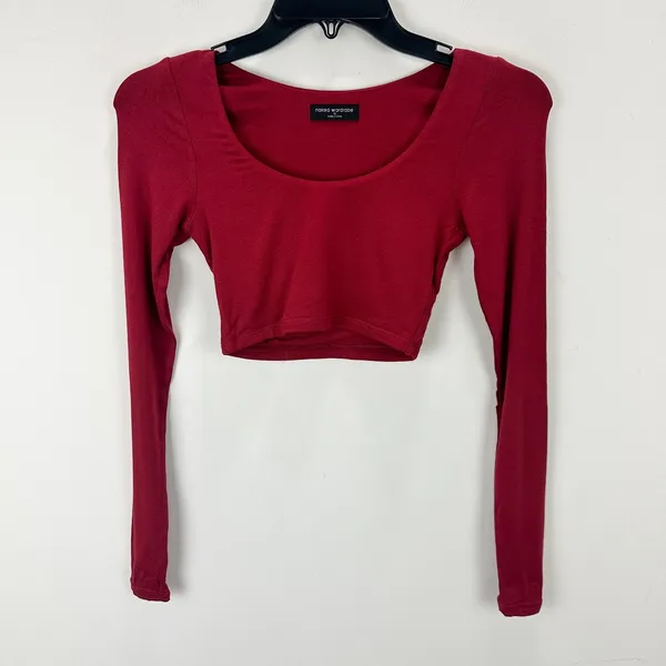NEW Naked Wardrobe Long Sleeve Cropped Top Burgundy Stretch Viscose XS - Image 2