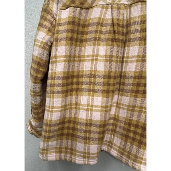 Aerie Womens Shacket Shirt Jacket Small Yellow Pink Plaid Flannel Sherpa Lined - Image 5