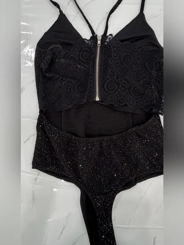 Rue21 Black Glitter Lace-Trim One-Piece Bodysuit - Image 2