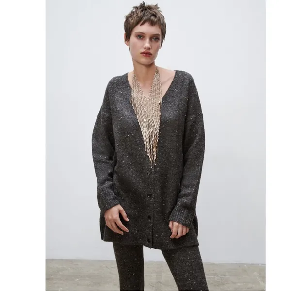 Nwot Zara Wool / Alpaca Blend Rib Trim Knit Long Cardigan Gray Small - Image 2