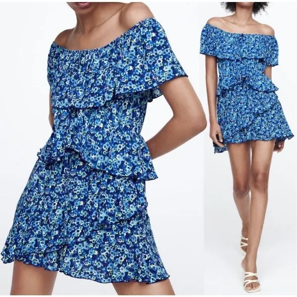 Zara Tiered Blue Floral Off the Shoulder Jumpsuit Romper MEDIUM Preppy‎ Ruffles - Image 2