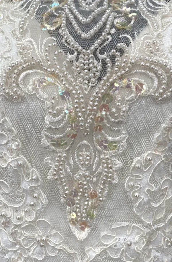 Vintage 80s ILGWU Sequin Pearl Lace Wedding Dress Off-Shoulder Drop Waist Train⁠ - Image 2