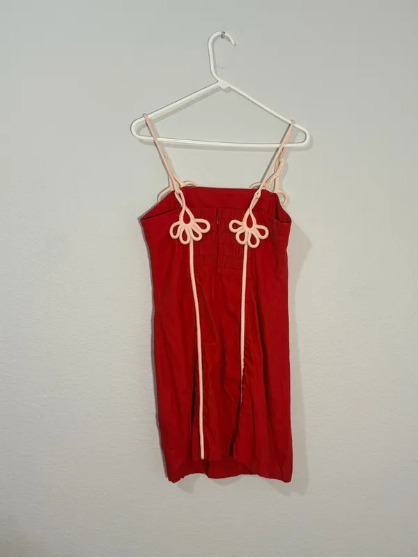 FARM Rio Piped Linen Red Mini Dress with Cream Trim size Medium - Image 6