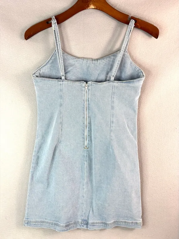 Lone Star S Pale Blue Cotton Stretch Denim Spaghetti Strap Sun Mini Dress - Image 4
