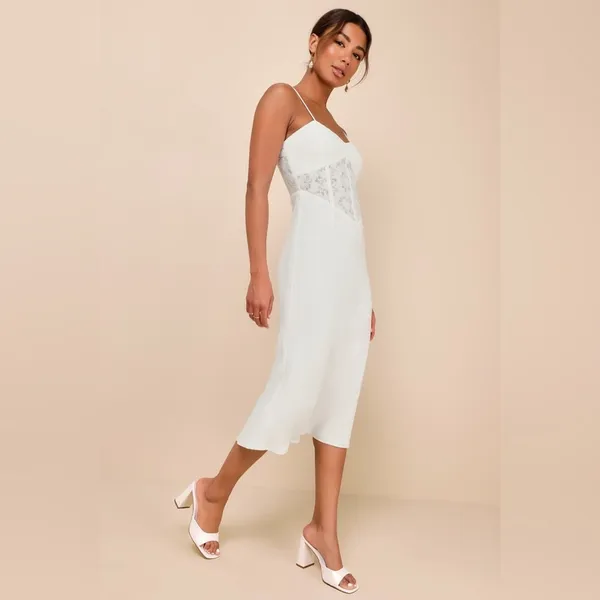 NWT Lulus White Lace Bustier Midi Dress Bridal Engagement Bachelorette Party XL - Image 2