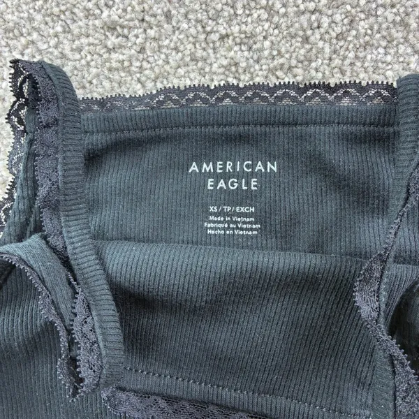 American Eagle Black Ribbed Lace‎ Trim Cropped Tank Top Womens XS Cami Casual - Image 5