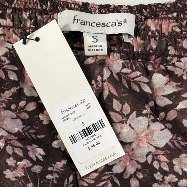 Francescas Brown Pink Floral Tie Back Balloon Sleeve Top Size‎ Small NWT $46 - Image 4
