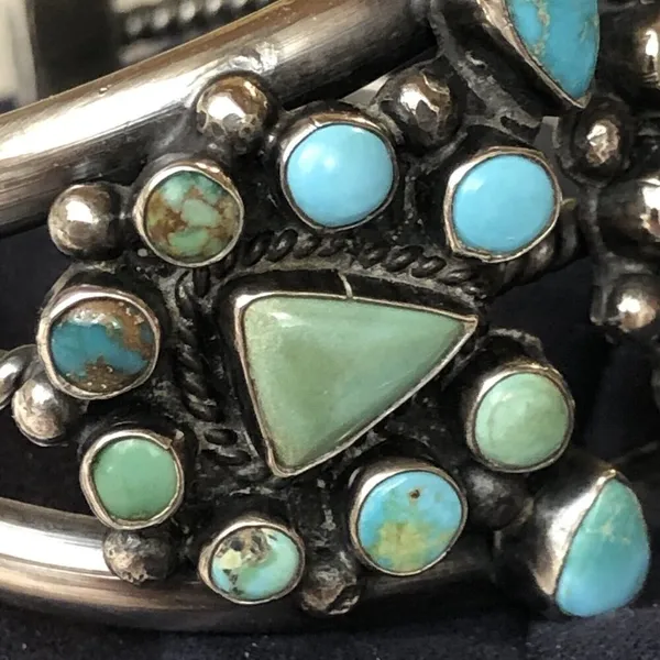 Navajo Indian 70 grams Sterling Silver Turquoise Cluster Bracelet Signed - Image 5