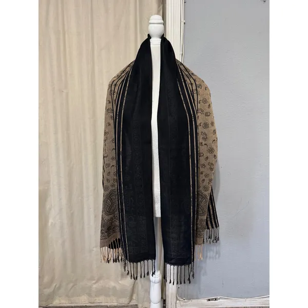Black and Tan Paisley Floral Pashmina Wrap Scarf Shawl with Fringe Trim 28x72 in - Image 7