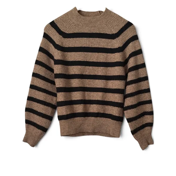 Mango MNG Striped Raglan Knit Sweater Camel Black Crew Neck Relaxed Fit XS - Image 9