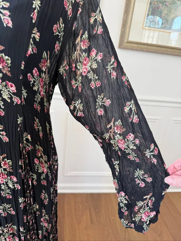 Vintage 90s Starina Feminine Witchy Boho Black Floral Maxi Dress M - Image 5