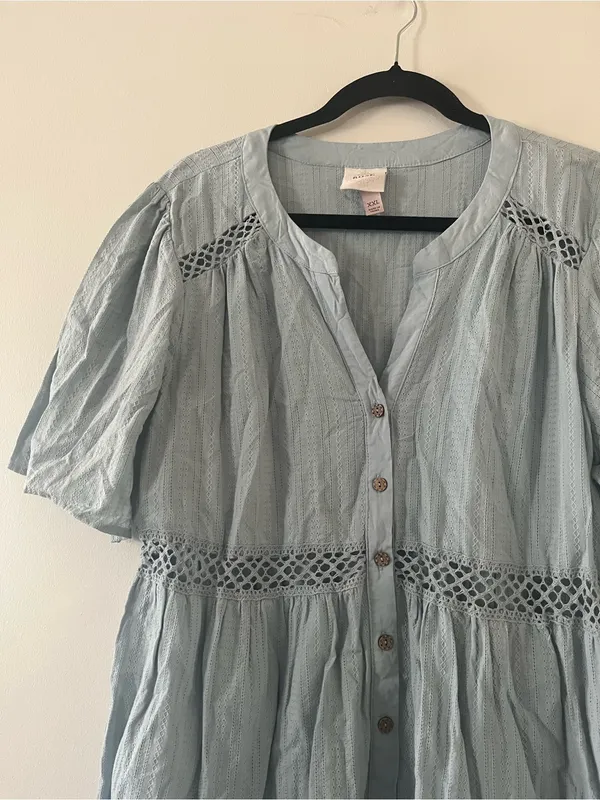 Knox Rose Light Blue 100% Cotton Eyelet Short Sleeve Mini Dress XXL Cottagecore - Image 3
