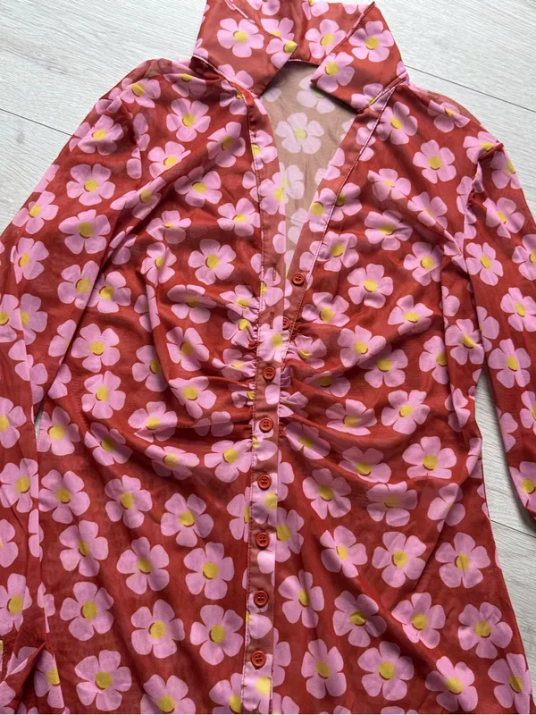 Women's Button Down Floral Shirts 2026 Summer Long Sleeve V Neck Sheer Mesh Tops - Image 5