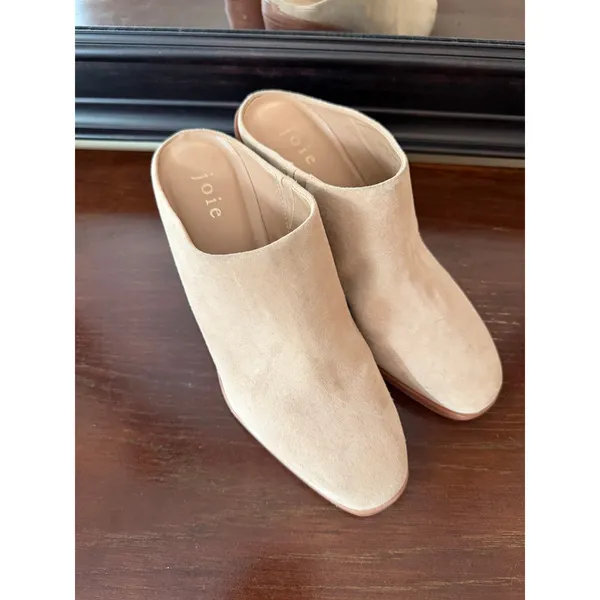Joie Suede Wedge Mules Womens 38 Tan Wood Heel‎ Slip On Excellent Boho Casual - Image 6
