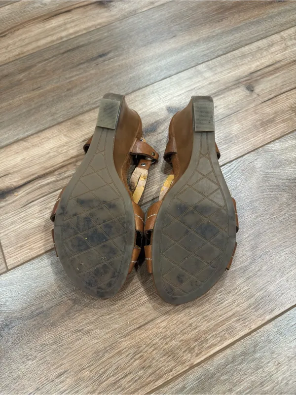 TRUFLEX Cognac Brown Leather Strappy Boho Gladiator Wedge Sandals | Size 9 - Image 4