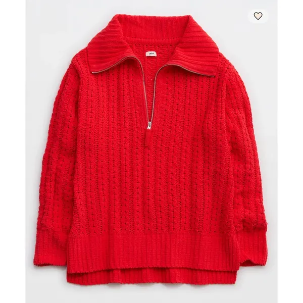 Aerie Red Cable Car Quarter‎ Zip Sweater Medium - Image 4