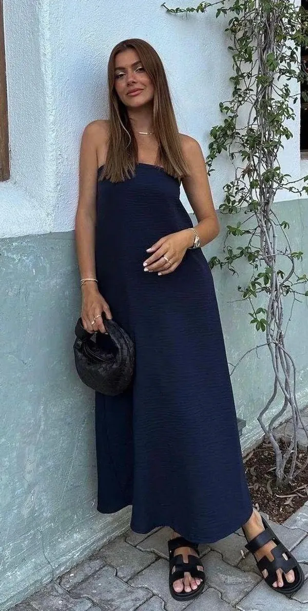 Zara strapless tube flowy navy blue summer vacation casual dress - Image 2