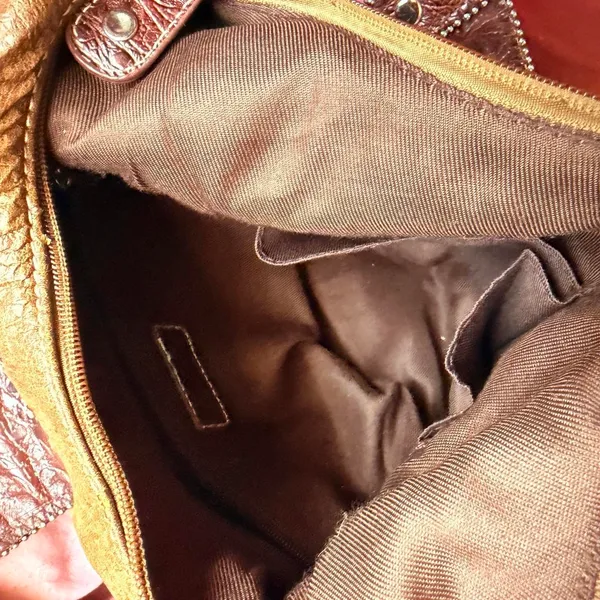 Y2K 2000s Western Cowgirl Mcbling Bimbo Goth Rhinestone Large Buckle Hand Shoulder Hobo Bag Purse Preppy bedazzled silver studs brown #whimsygoth #grunge #punk #stagecoach #streetwear festival Measurement in pics Some distressing as pictured - Image 3