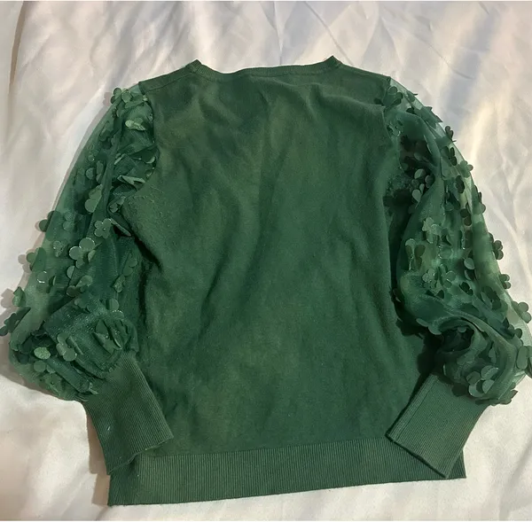 Green Floral Mesh Sleeve Sweater Statement Sleeve Top - Image 2