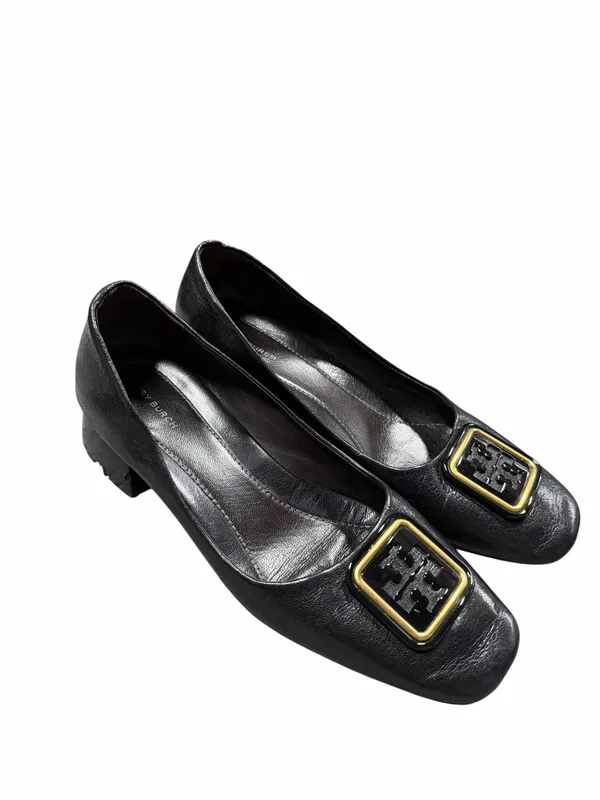 Tory Burch Georgia Black Leather Logo Buckle Square Toe Pumps Size 9.5 - Image 2