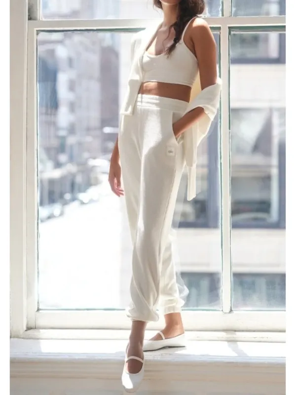 Alo Weekend Escape Joggers Ivory Waffle Thermal High-Rise Waist Cream Sweatpants - Image 6