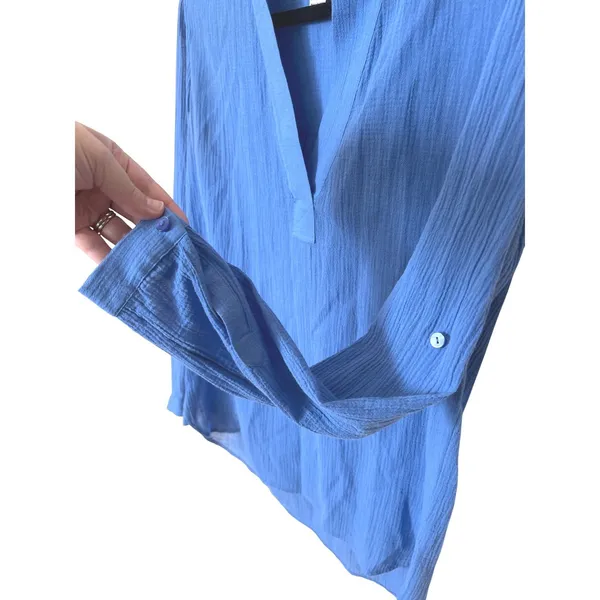Diane‎ Von Furstenberg Cotton Crepe Roll Tab Sleeve Blouse Blue Size 0 EUC - Image 3