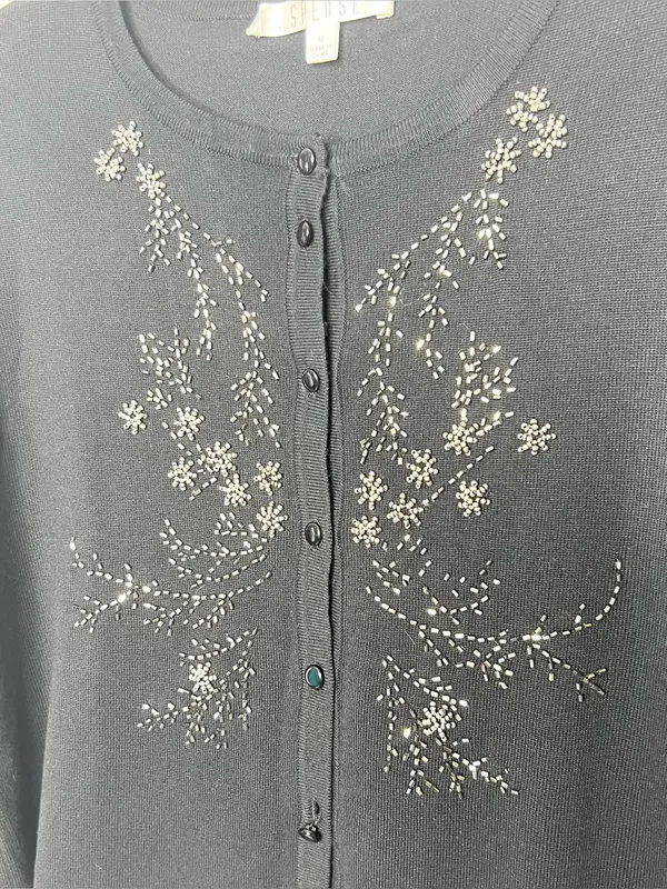 Spense Black Cardigan with Metallic Beaded Floral Embellishment Size Medium - Image 4