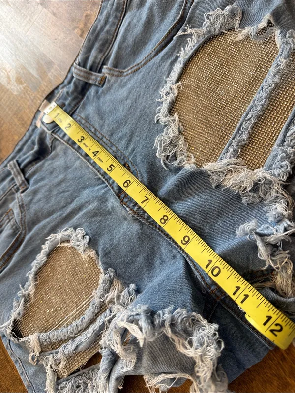 HOT & DELICIOUS Festival Rhinestone Pockets Heavily Distressed Denim Shorts L - Image 15