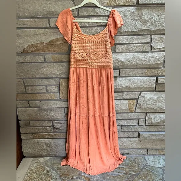 Sincerely Jules Milkmaid Tiered Maxi Dress Sleeveless Flutter Sleeve Coral Large - Image 5
