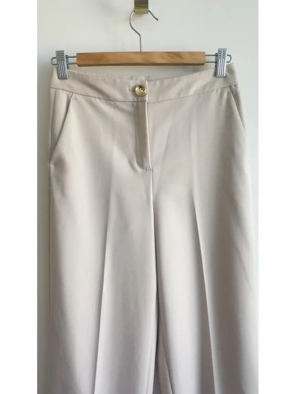 Zara Wide Leg Cropped Pants Cream High Rise Gold Button Stretch XS 24 - Image 4