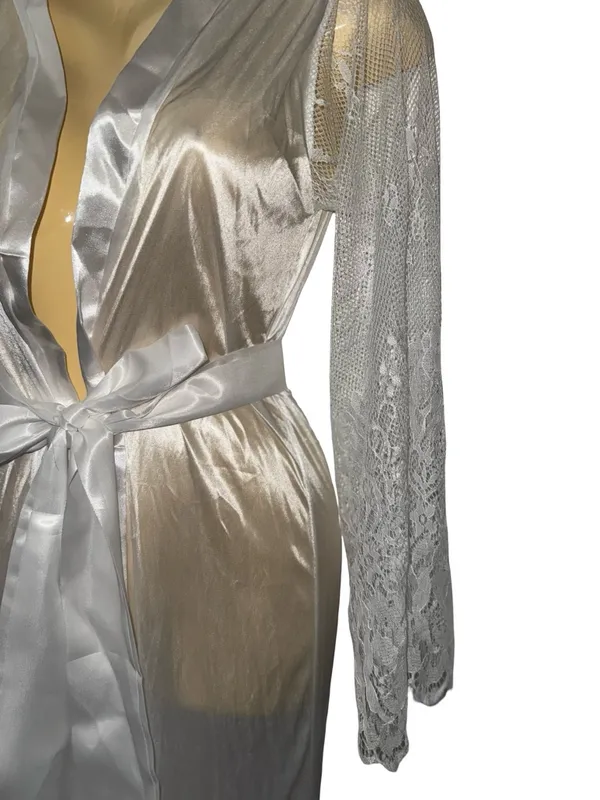 Silky Lace Trim Long White Satin Robe - Image 4