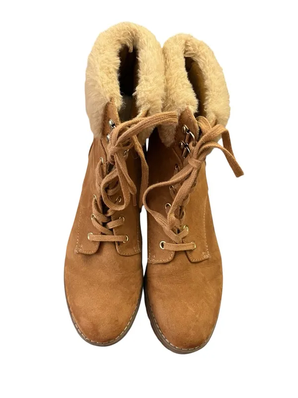 Old Navy Lace Up Combat Boots Faux Fur Trim Lug Sole Brown 8 - Image 3
