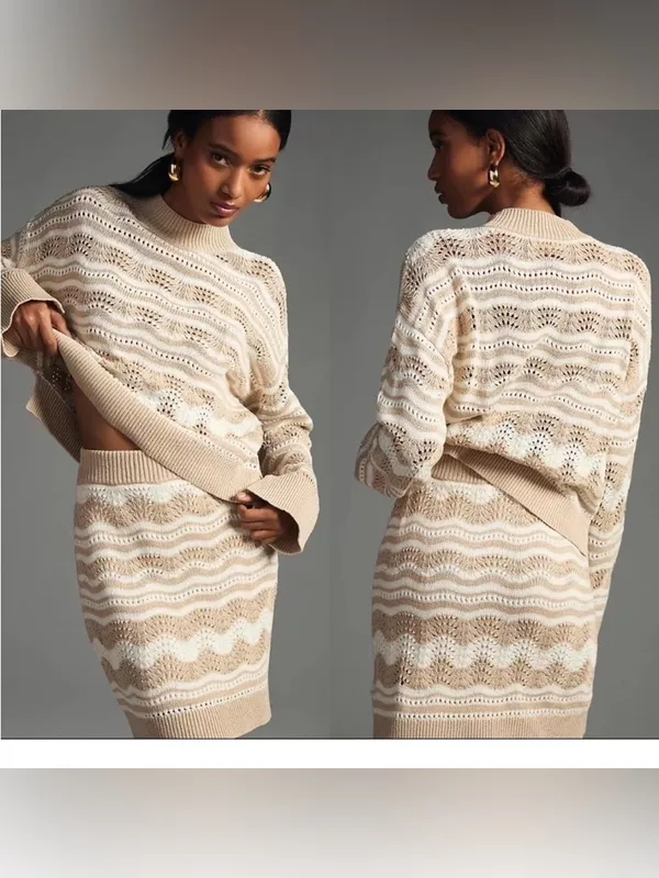 Anthropologie Pointelle sweater & skirt set size xl‎ - Image 3