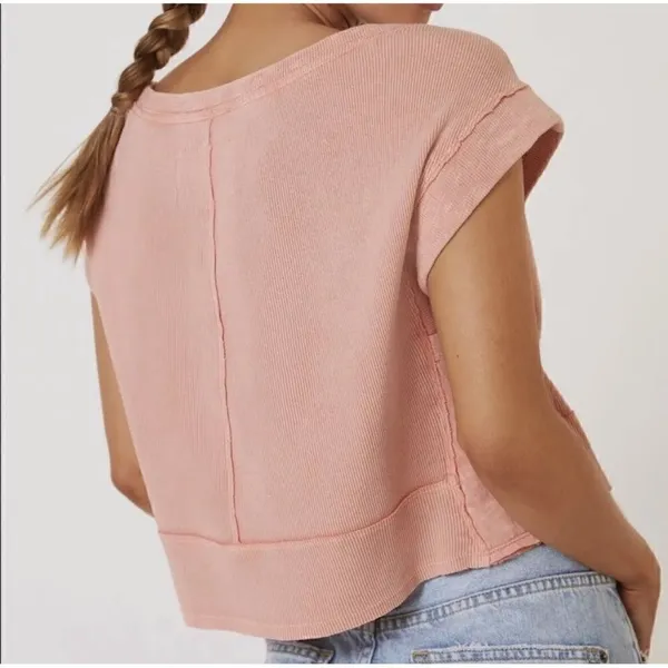 Anthropologie Pilcro Cropped Cut Off Short Sleeve Sweatshirt Pink Coral Medium - Image 2
