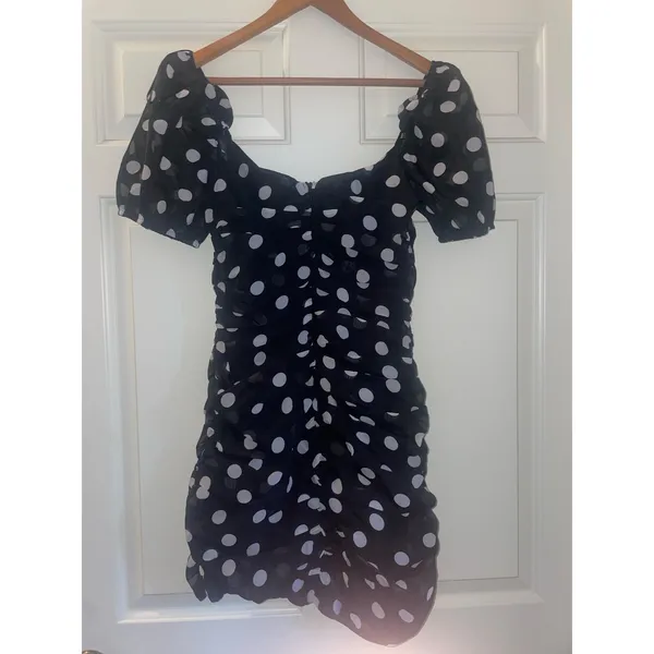 URBAN OUTFITTERS Puff Sleeve Polka Dot Mini Dress Small S Black White - Image 8