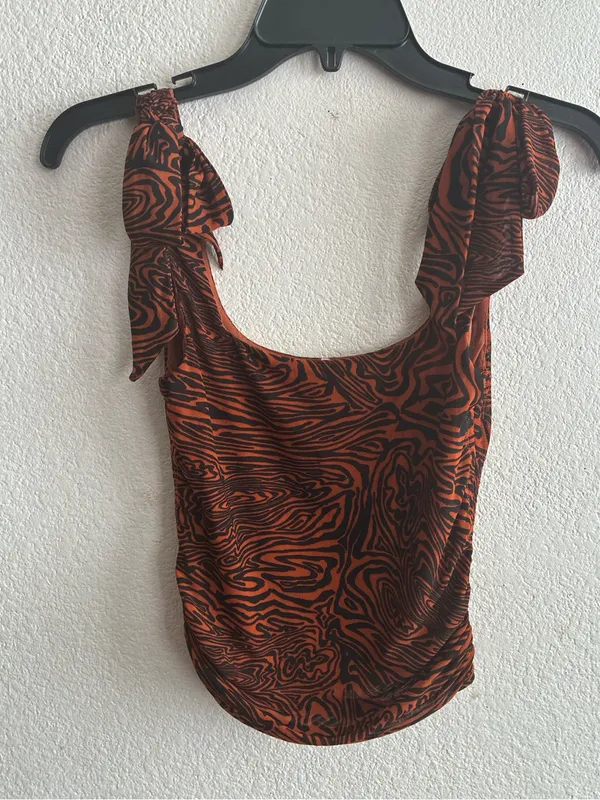 Free People Rust Zebra-Print Ruffle Strap Square Neck Crop Top S - Image 8