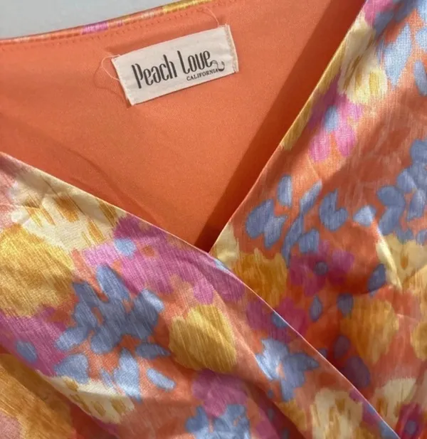 Peach Love California Orange Floral Satin Wrap Dress - Balloon Sleeve - Boho Mini - Image 3