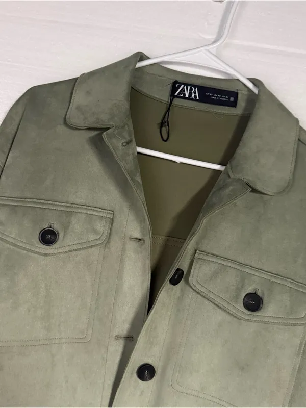 Zara Jacket Women XS Olive Green Faux Suede Utility Overshirt Button Front Soft - Image 4