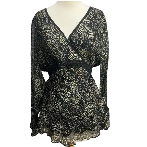 ICE Y2K Silk Babydoll Top Womens L Black Abstract Paisley Lined Whimsigoth Boho‎ - Image 2
