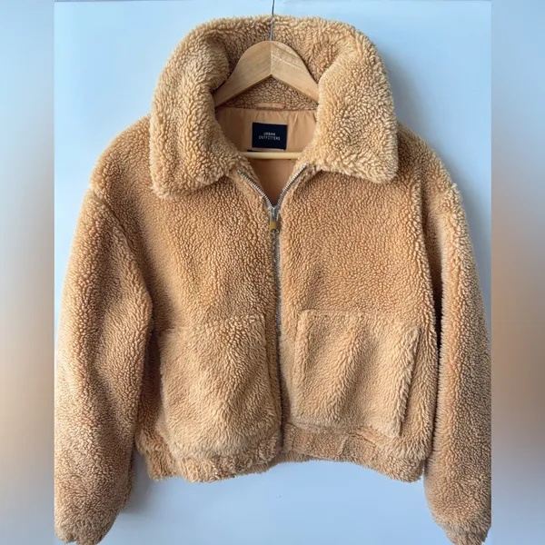 Urban Outfitters‎ Teddy Jacket Full Zip Up Cropped Beige Coat Size Medium - Image 7