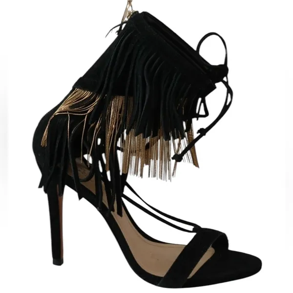 NEW Schutz Fringe Suede Stiletto Sandal Metal and Suede Fringe Black Size 9.5 - Image 7