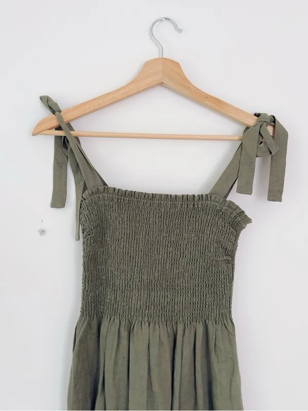 NEW Aritzia Wilfred Women’s Golden Hour Smocked Organic Linen Midi Dress - Image 8
