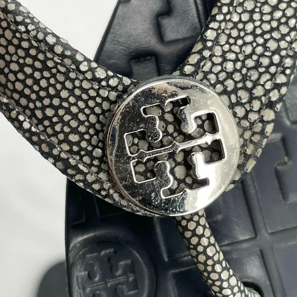 Tory Burch Thora Stingray Black Leather Thong Sandals Smoke Silver Foil Size 10 - Image 5