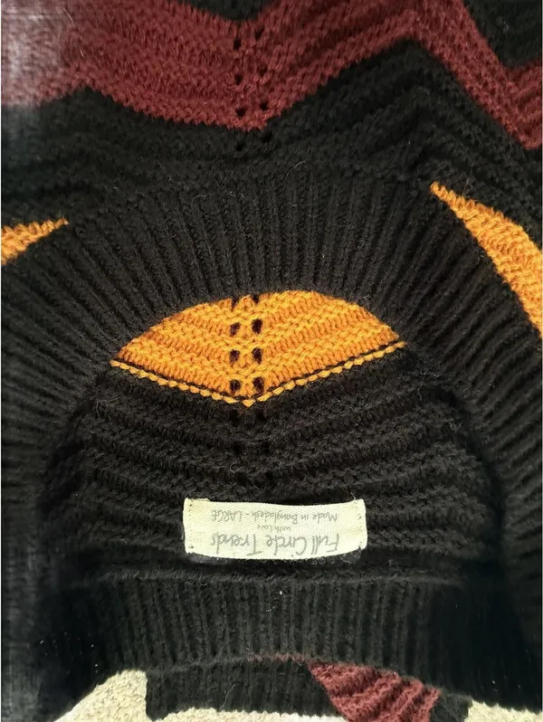 Vintage Boho Chevron Zig Zag Knit Sweater Multi-Color Earth Tones L Retro Cozy - Image 3