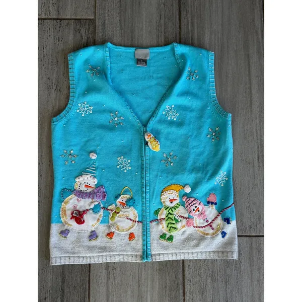 Vintage Berek Ugly Christmas Sweater Vest Small Snowman Embroidered Jingle Bells - Image 6