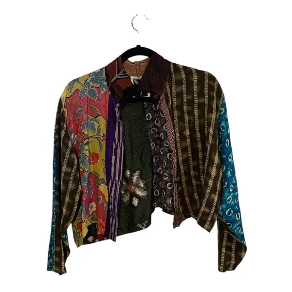 Yvonne Agaro Collections Multicolor Patchwork Cropped button down shirt Jacket Green Size L - Image 6