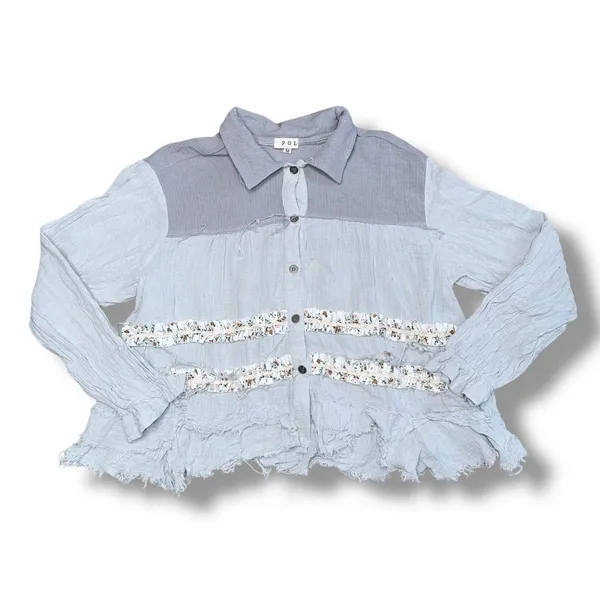 POL Button Down Top Women Medium Blue Good‎ Floral Ruffle Raw Hem UWT503 - Image 3
